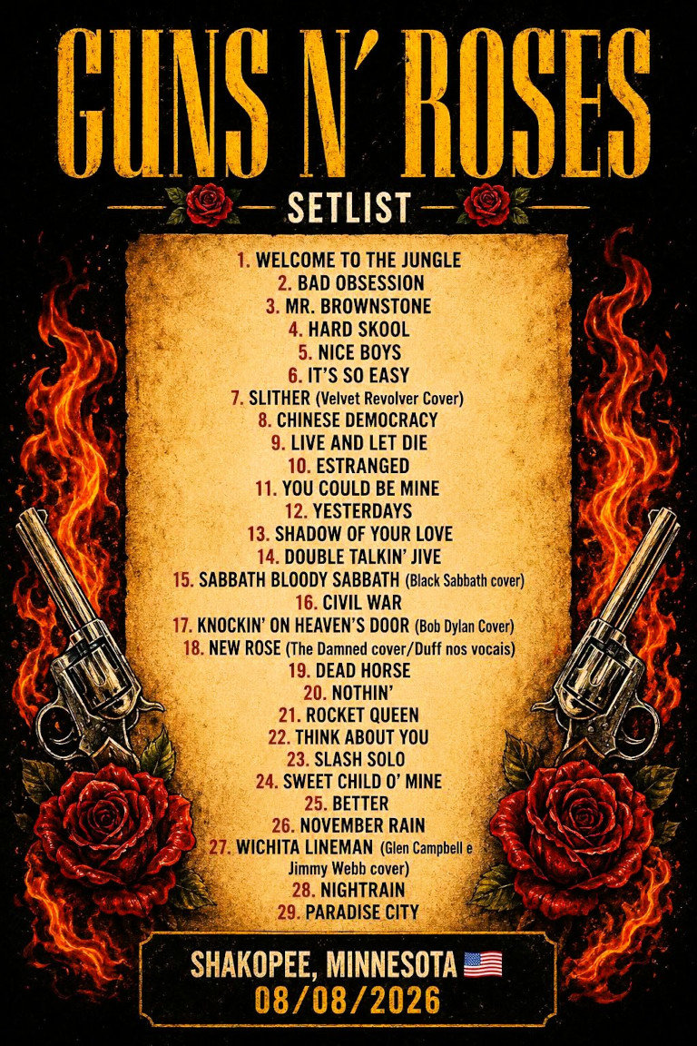 Guns n' Roses at Mystic Lake Amphitheater, Shakopee (Minneapolis) MN (2026-08-08)
