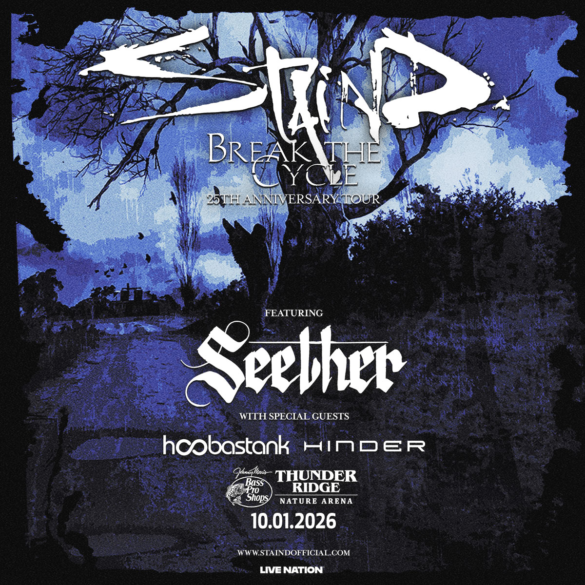Staind with Seether / Hoobastank / Hinder at Thunder Ridge Nature Arena, Ridgedale MO (2026-10-01)